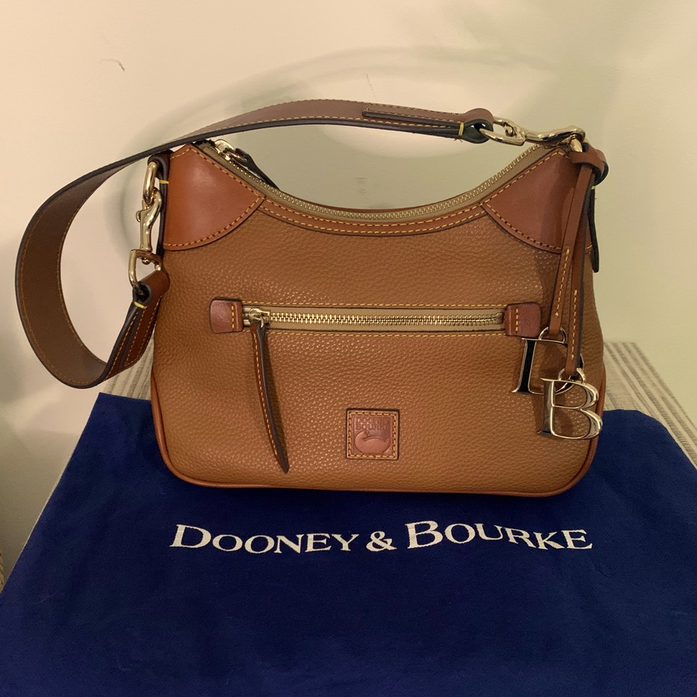 Dooney & Bourke Tan Pebble Grain Small Hobo with charm, card, sticker, dust bag